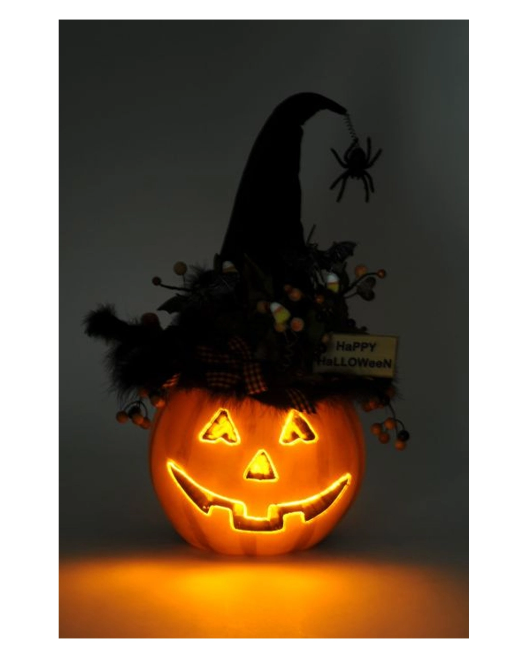 Halloween Kürbis Mit Hexenhut & LED Beleuchtung 56cm – Bild 4